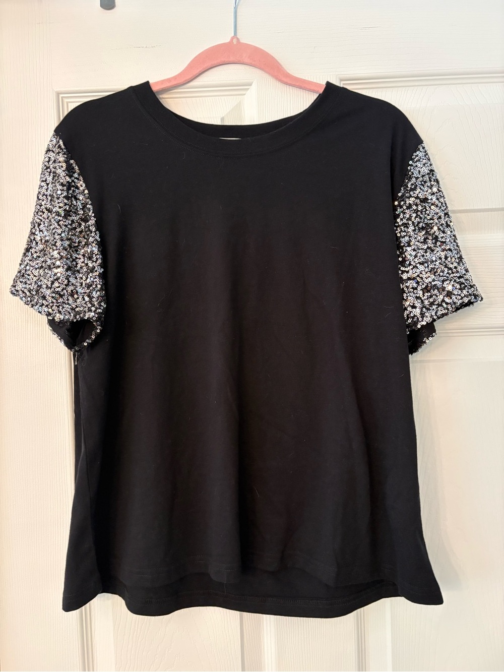 Rebecca Minkoff Black Tee with Silver Sequin Sleeves